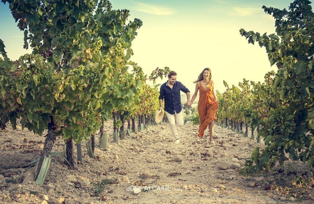 fotos de preboda en Córdoba en viñedos con pareja caminando al atardecer estilo natural