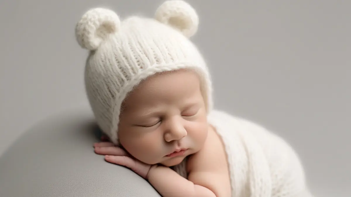 Bebé recién nacido dormido con gorro de lana blanco durante una sesión de fotos newborn en Córdoba y Montilla