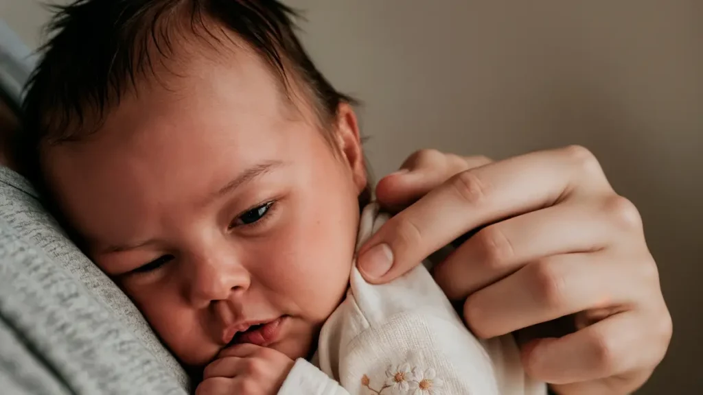 Recién nacido durmiendo en brazos en sesión newborn natural en Córdoba